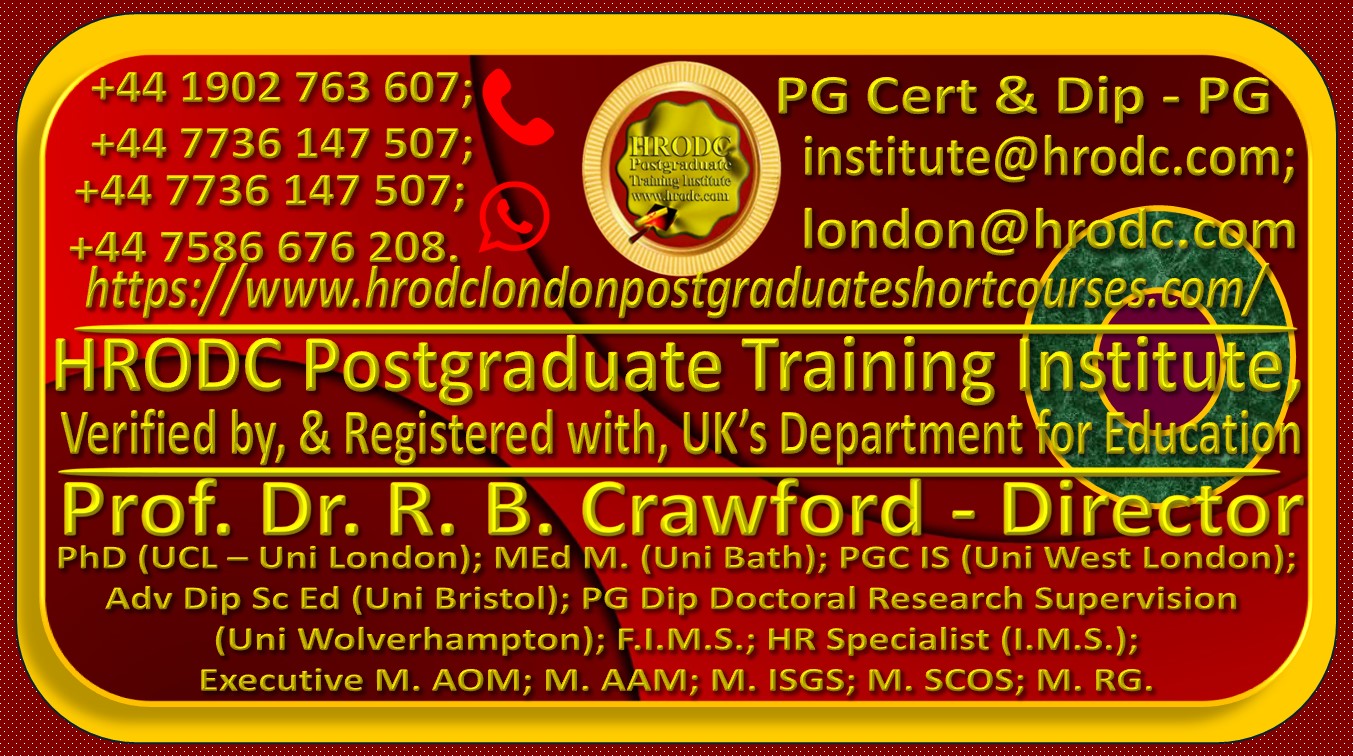 Home Page Header, for hrodc.com, A Postgraduate-Only Institution (https://www.hrodclondonpostgraduateshortcourses.com/), with contact details.